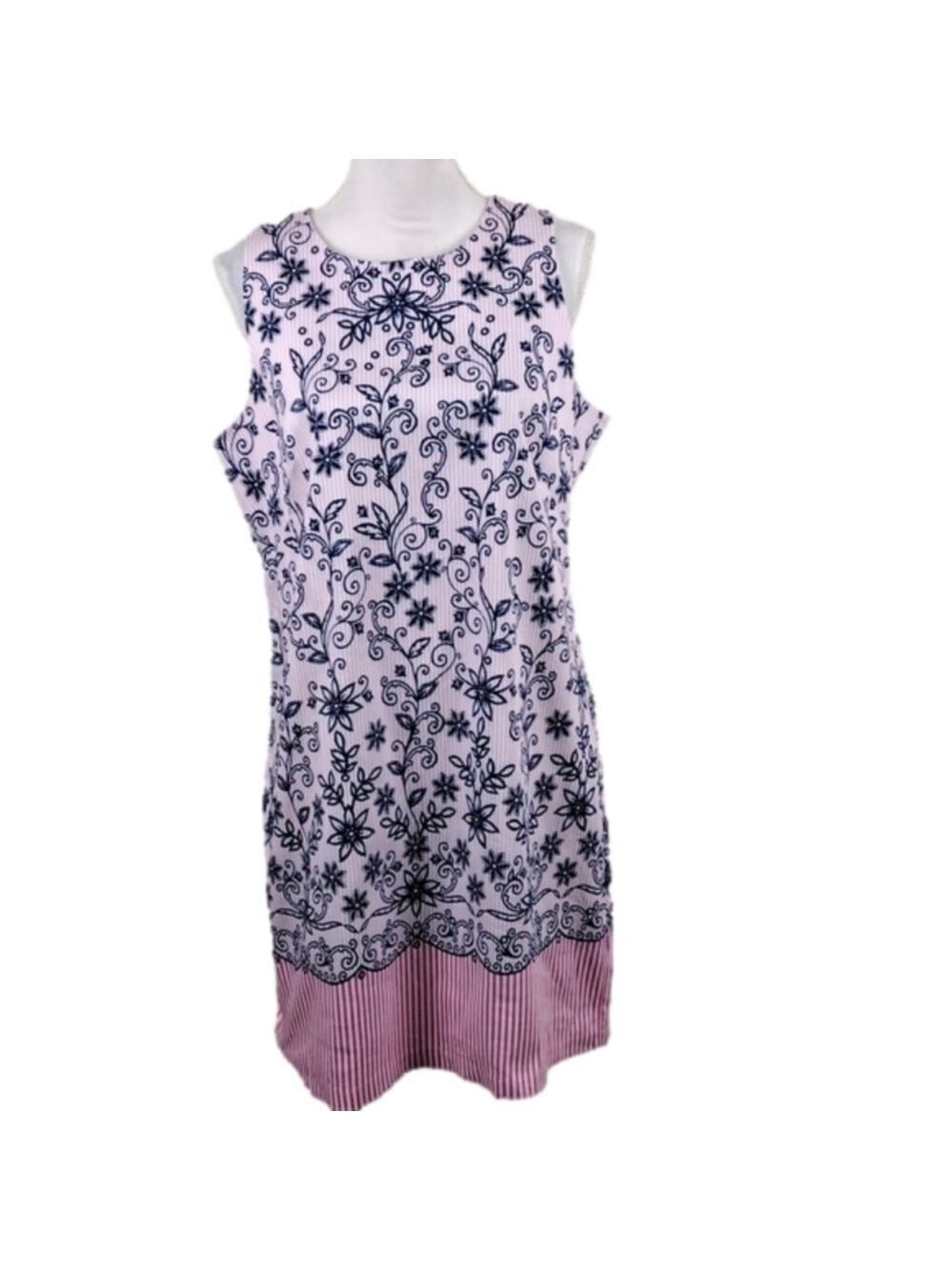 London Times Pink Pin Striped Blue Floral Sleeveless Zipper Back Shift Dress